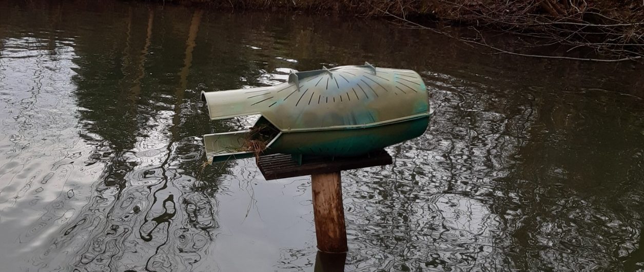 Bergischer Entenbrutkorb | Entennest | Nisthilfe - Montage Bergischer Entenbrutkorb auf einem Holzpfahl auf dem See - Entennest | Nisthilfe